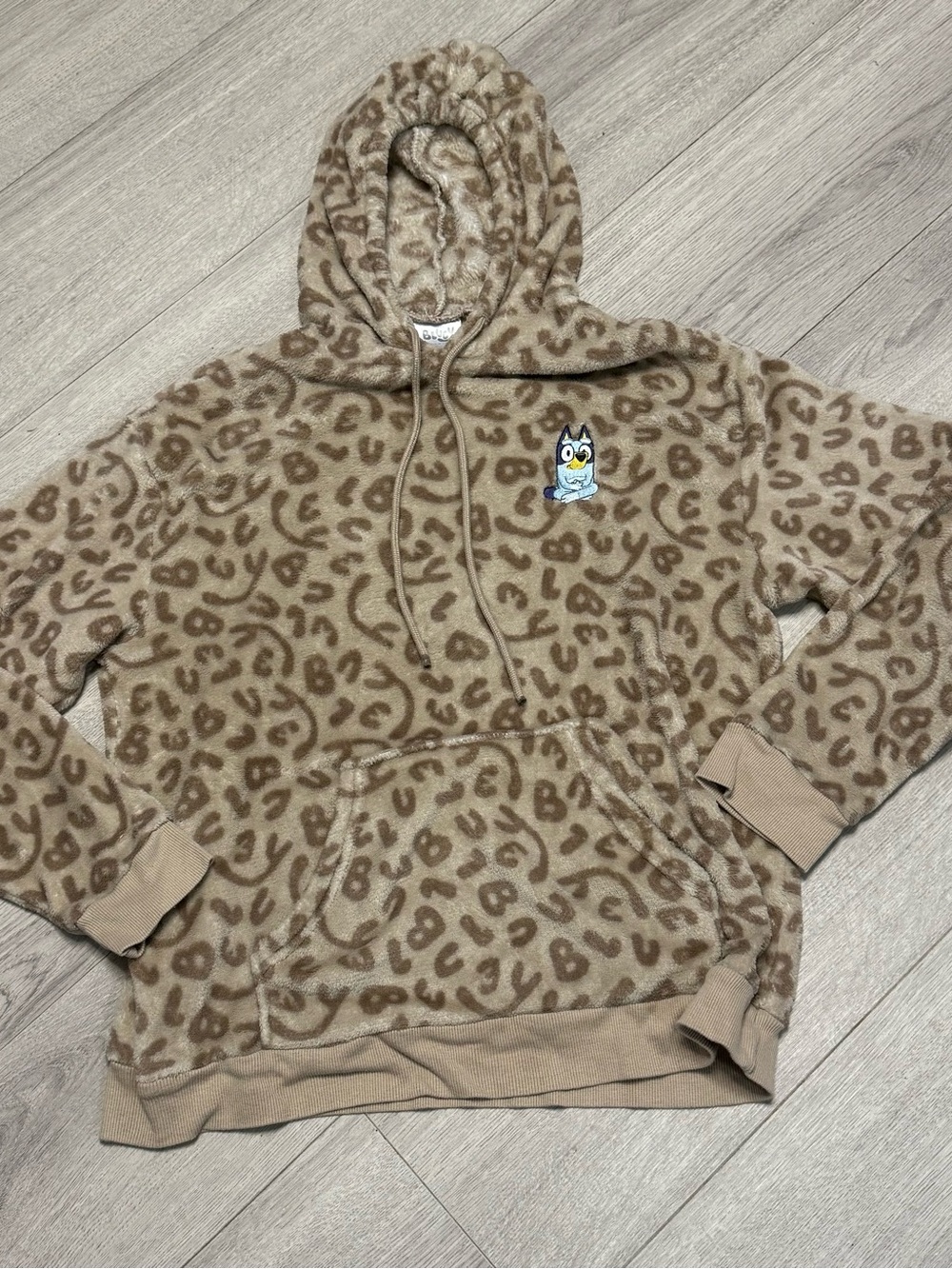 Bluey Leopard Print Fuzzy Hoodie Beige Brown Pullover Women Large